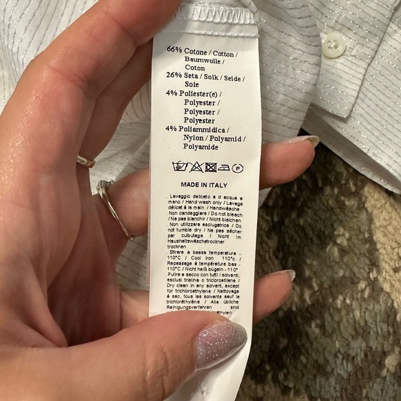 Aglini White Cotton SilkSilver Thread White Long Sleeve Blouse SZ 6 - Picture 6 of 7